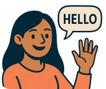 Cartoon illustration of a girl with black hair waving